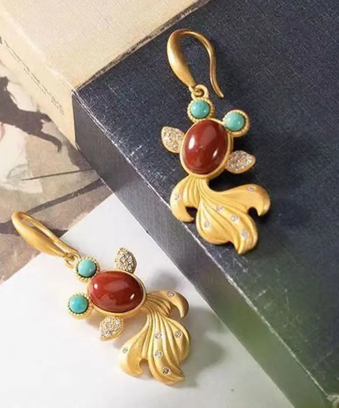 Beautiful Yellow Sterling Silver Overgild Agate Zircon Turquoise Goldfish Drop Earrings Ada Fashion