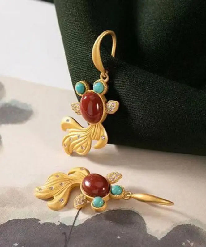 Beautiful Yellow Sterling Silver Overgild Agate Zircon Turquoise Goldfish Drop Earrings Ada Fashion