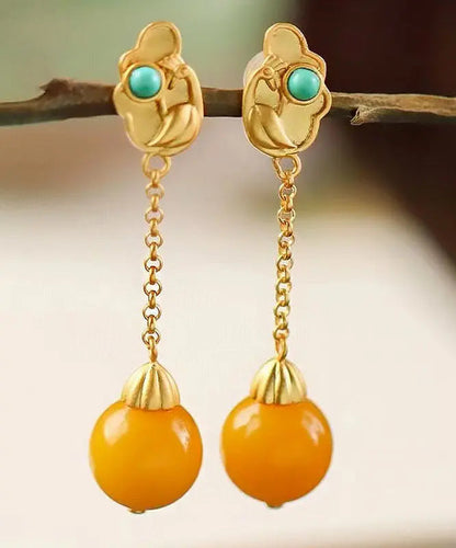 Beautiful Yellow Sterling Silver Overgild Beeswax Turquoise Drop Earrings Ada Fashion