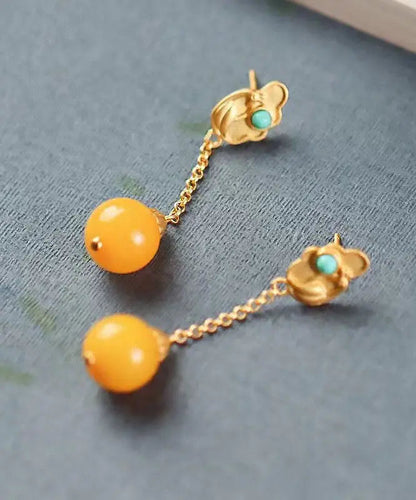 Beautiful Yellow Sterling Silver Overgild Beeswax Turquoise Drop Earrings Ada Fashion