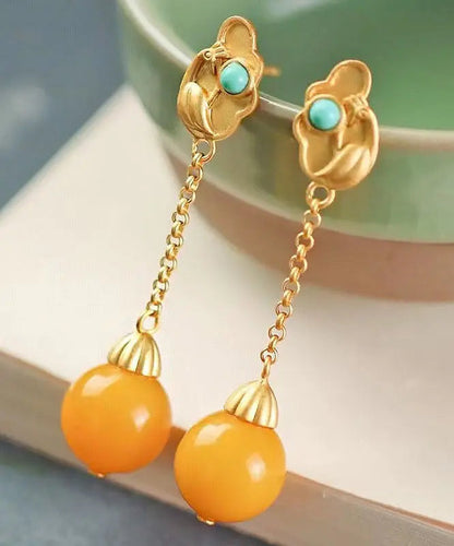 Beautiful Yellow Sterling Silver Overgild Beeswax Turquoise Drop Earrings Ada Fashion