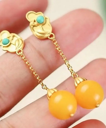 Beautiful Yellow Sterling Silver Overgild Beeswax Turquoise Drop Earrings Ada Fashion