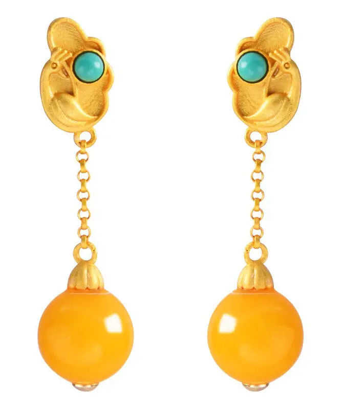 Beautiful Yellow Sterling Silver Overgild Beeswax Turquoise Drop Earrings Ada Fashion