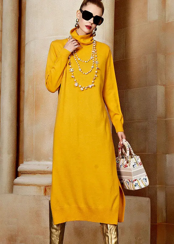 Beautiful Yellow Turtleneck Side Open Wool Knit Sweater Long Dresses Long Sleeve Ada Fashion