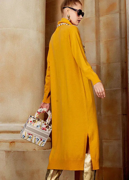 Beautiful Yellow Turtleneck Side Open Wool Knit Sweater Long Dresses Long Sleeve Ada Fashion