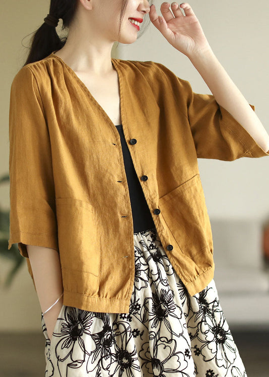 Beautiful Yellow V Neck Pockets Linen Shirt Tops Half Sleeve TG1056 - fabuloryshop