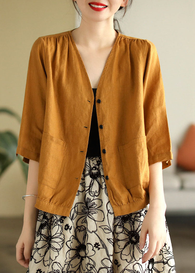 Beautiful Yellow V Neck Pockets Linen Shirt Tops Half Sleeve TG1056 - fabuloryshop