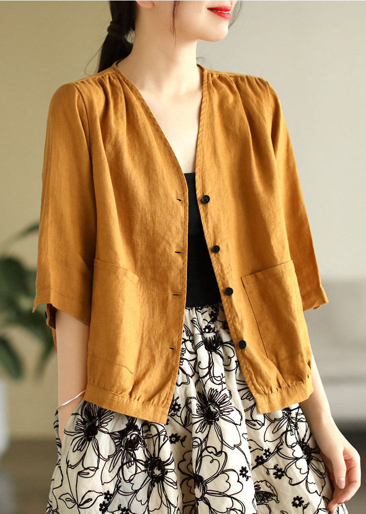 Beautiful Yellow V Neck Pockets Linen Shirt Tops Half Sleeve TG1056 - fabuloryshop