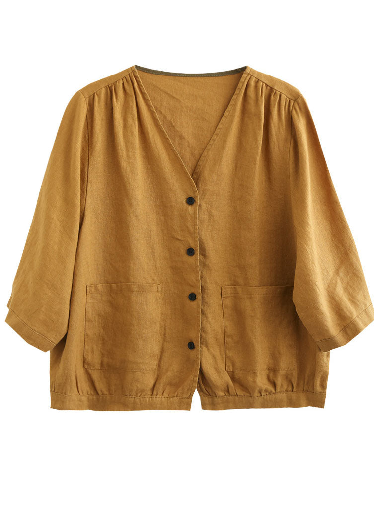 Beautiful Yellow V Neck Pockets Linen Shirt Tops Half Sleeve TG1056 - fabuloryshop