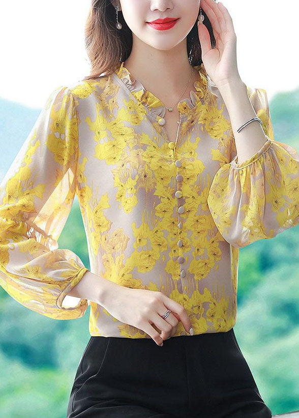 Beautiful Yellow V Neck Print Chiffon Top Lantern Sleeve LY0044 - fabuloryshop