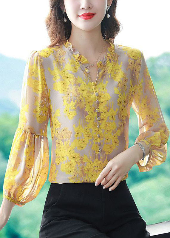 Beautiful Yellow V Neck Print Chiffon Top Lantern Sleeve LY0044 - fabuloryshop