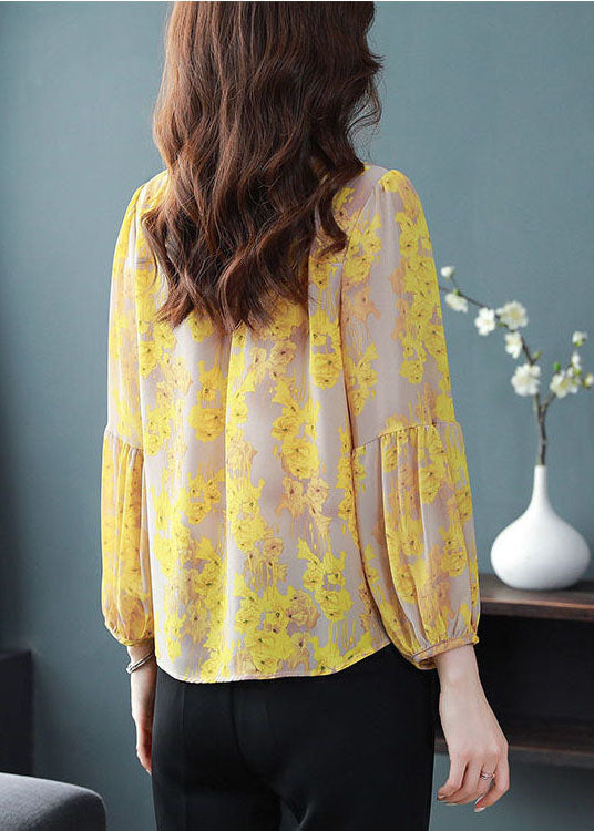 Beautiful Yellow V Neck Print Chiffon Top Lantern Sleeve LY0044 - fabuloryshop