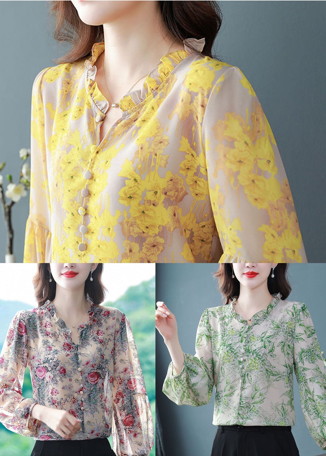 Beautiful Yellow V Neck Print Chiffon Top Lantern Sleeve LY0044 - fabuloryshop