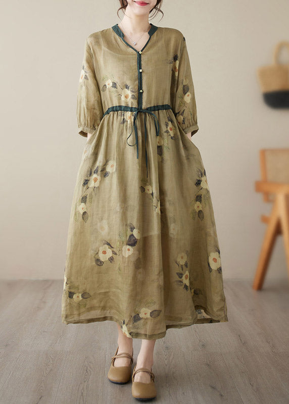 Beautiful Yellow V Neck Print Wrinkled Tie Waist Linen Long Dresses Summer LY3993 - fabuloryshop