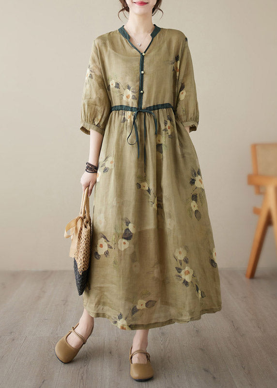 Beautiful Yellow V Neck Print Wrinkled Tie Waist Linen Long Dresses Summer LY3993 - fabuloryshop