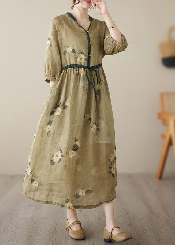 Beautiful Yellow V Neck Print Wrinkled Tie Waist Linen Long Dresses Summer LY3993 - fabuloryshop