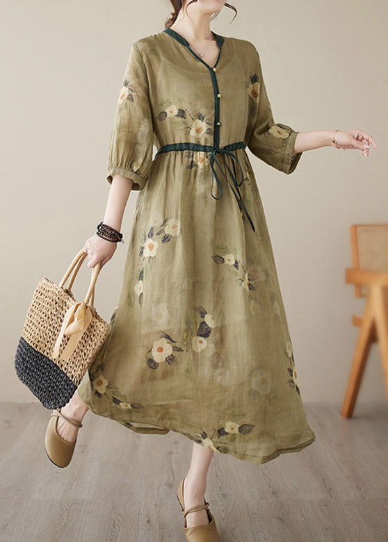 Beautiful Yellow V Neck Print Wrinkled Tie Waist Linen Long Dresses Summer LY3993 - fabuloryshop