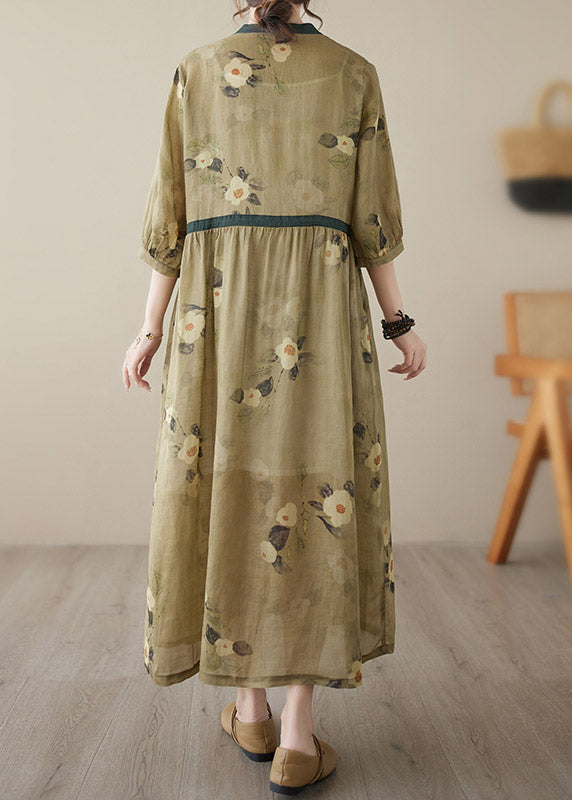 Beautiful Yellow V Neck Print Wrinkled Tie Waist Linen Long Dresses Summer LY3993 - fabuloryshop