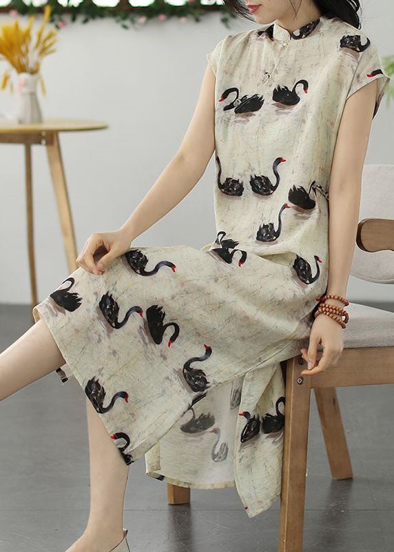 Beige Animal Print Patchwork Linen Dress Stand Collar Summer LY2546 - fabuloryshop