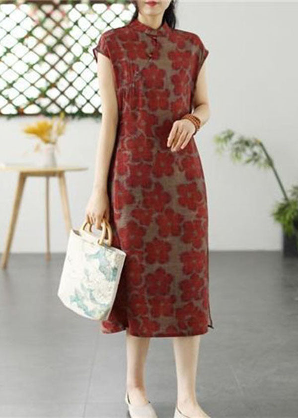 Beige Animal Print Patchwork Linen Dress Stand Collar Summer LY2546 - fabuloryshop
