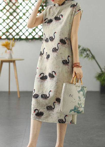 Beige Animal Print Patchwork Linen Dress Stand Collar Summer LY2546 - fabuloryshop