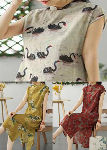 Beige Animal Print Patchwork Linen Dress Stand Collar Summer LY2546 - fabuloryshop