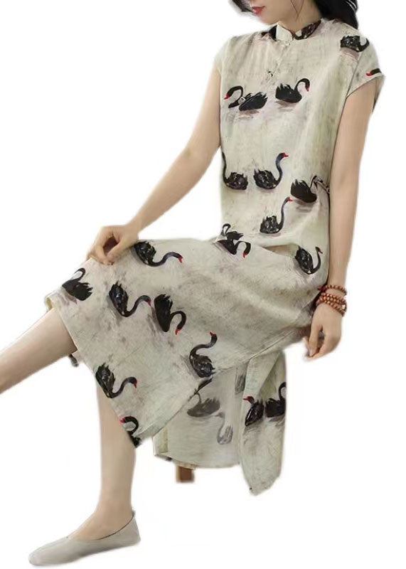 Beige Animal Print Patchwork Linen Dress Stand Collar Summer LY2546 - fabuloryshop