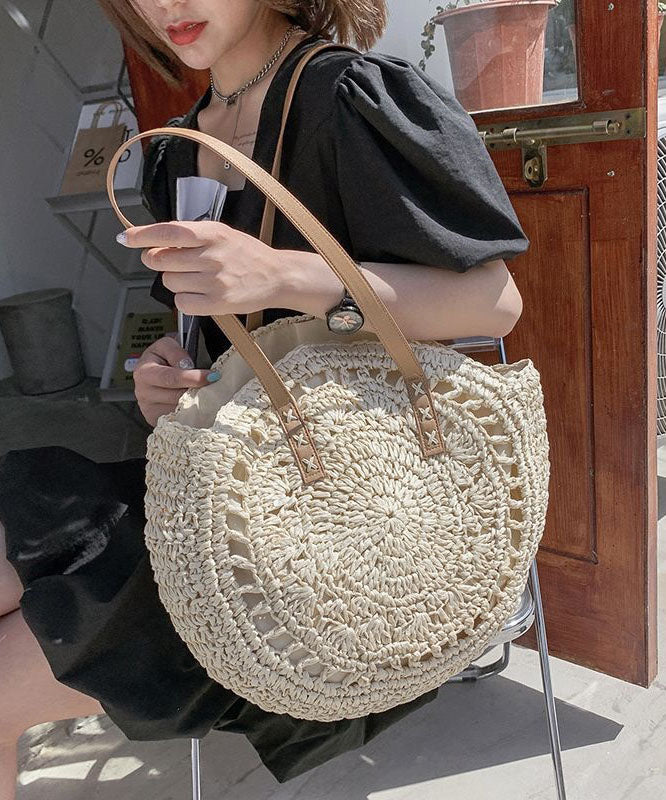 Beige Beach Satchel Handbag Straw Woven Hollow Out LY1396 - fabuloryshop