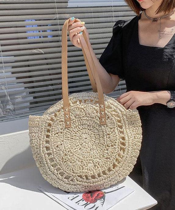 Beige Beach Satchel Handbag Straw Woven Hollow Out LY1396 - fabuloryshop