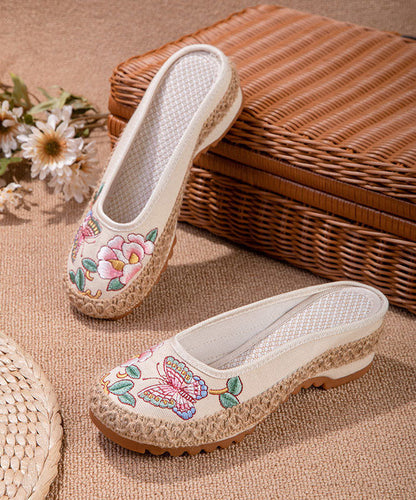 Beige Butterfly Embroideried Splicing Linen Fabric Slide Sandals Women LY7673