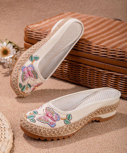 Beige Butterfly Embroideried Splicing Linen Fabric Slide Sandals Women LY7673