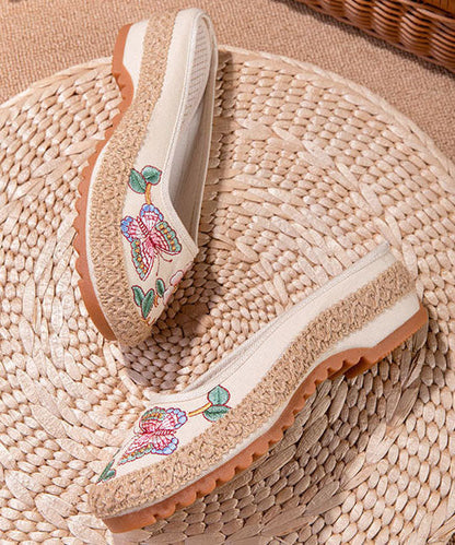 Beige Butterfly Embroideried Splicing Linen Fabric Slide Sandals Women LY7673