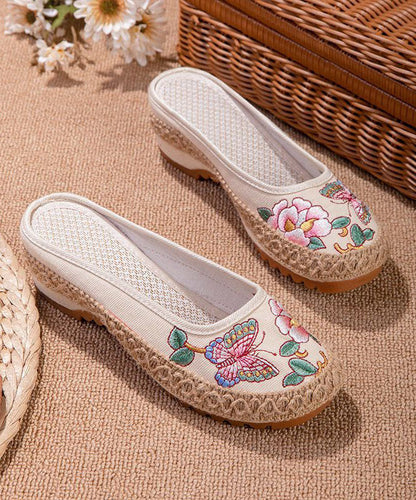 Beige Butterfly Embroideried Splicing Linen Fabric Slide Sandals Women LY7673