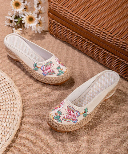 Beige Butterfly Embroideried Splicing Linen Fabric Slide Sandals Women LY7673