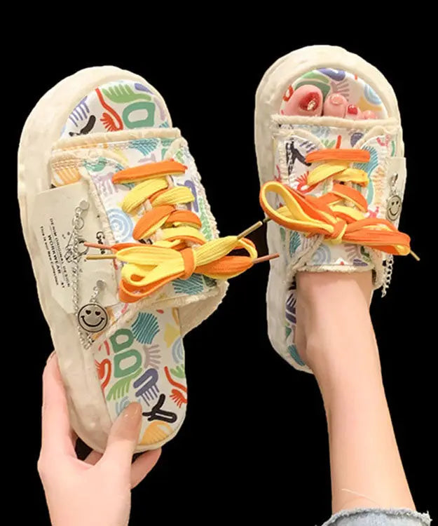 Beige Canvas Lace Up Doodle Splicing Platform Slide Sandals Ada Fashion
