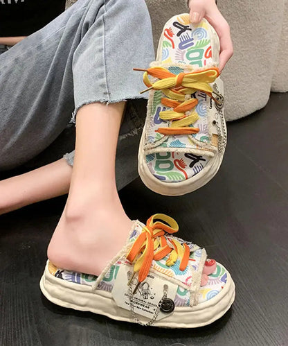 Beige Canvas Lace Up Doodle Splicing Platform Slide Sandals Ada Fashion