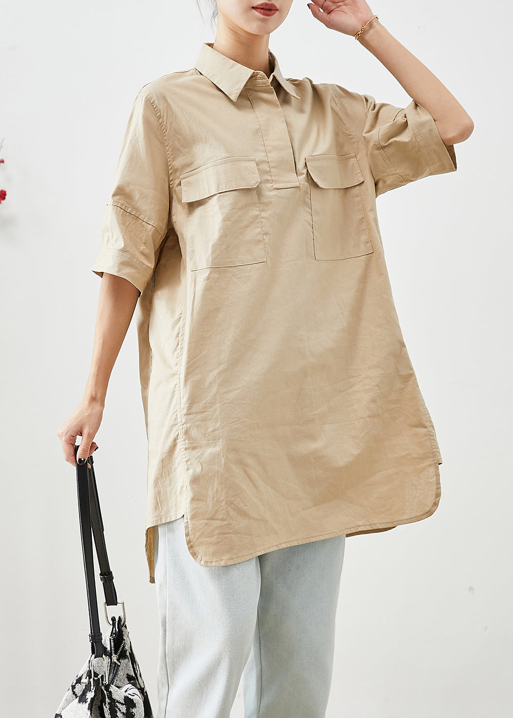 Beige Cotton Long Shirts Oversized Pockets Short Sleeve Ada Fashion