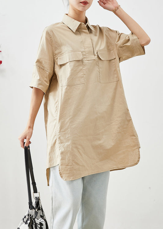 Beige Cotton Long Shirts Oversized Pockets Short Sleeve Ada Fashion
