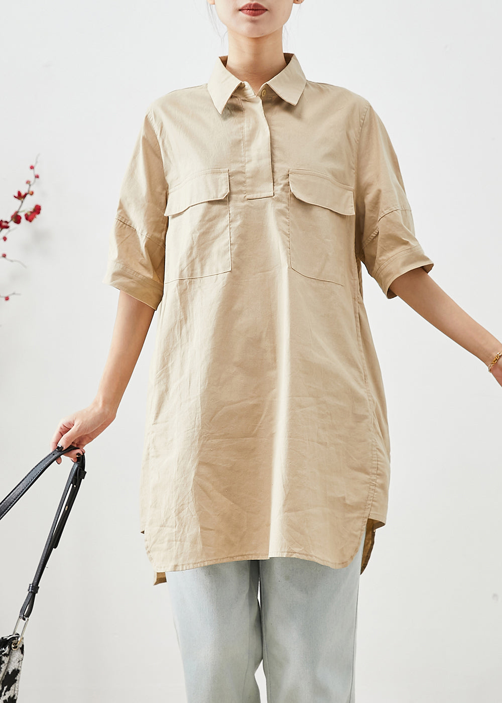 Beige Cotton Long Shirts Oversized Pockets Short Sleeve Ada Fashion
