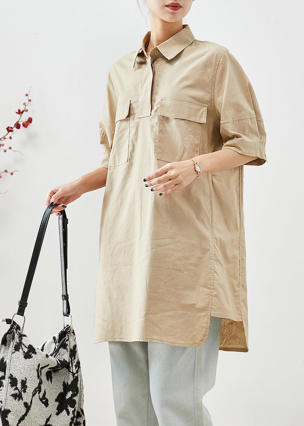 Beige Cotton Long Shirts Oversized Pockets Short Sleeve Ada Fashion