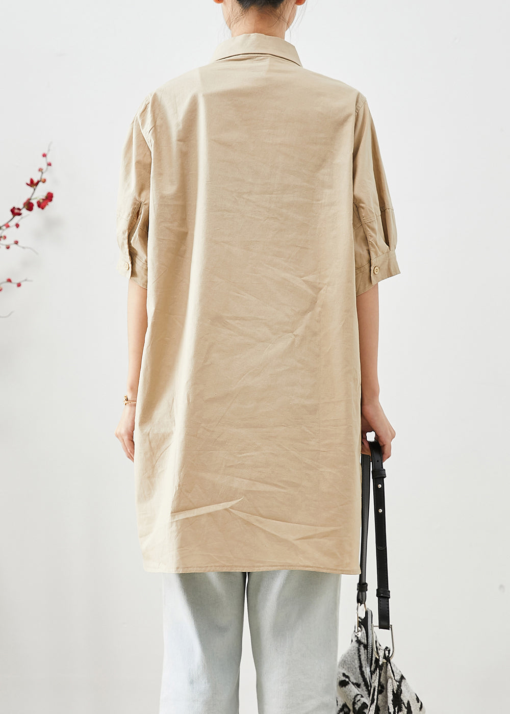 Beige Cotton Long Shirts Oversized Pockets Short Sleeve Ada Fashion