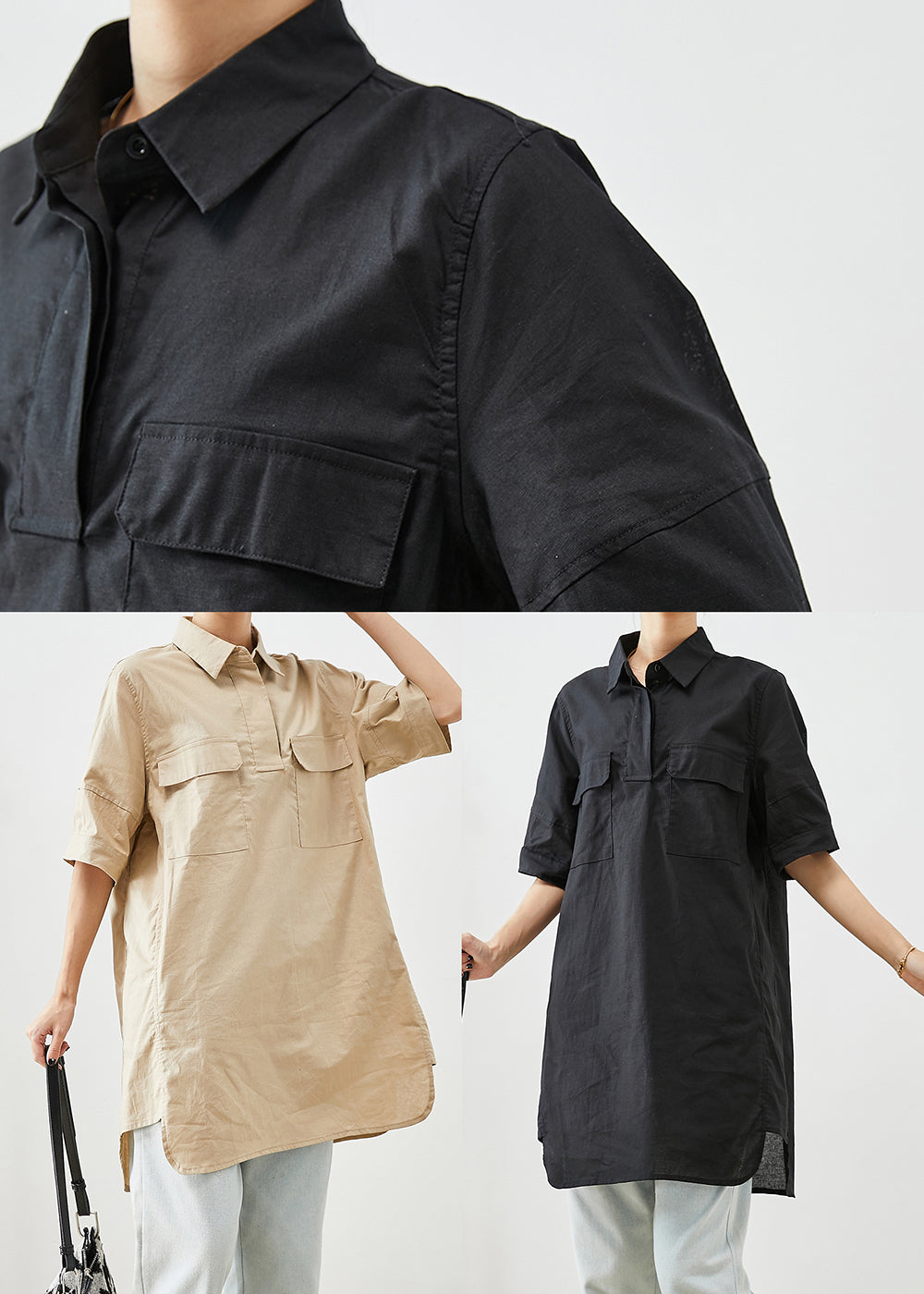 Beige Cotton Long Shirts Oversized Pockets Short Sleeve Ada Fashion