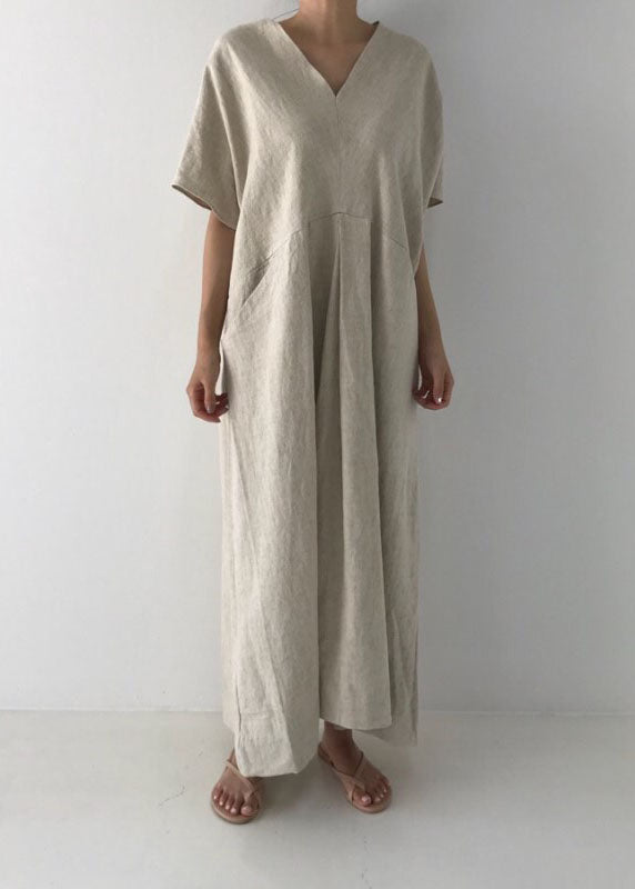 Beige Cozy Linen Holiday Dresses V Neck Pockets Summer LY1329 - fabuloryshop