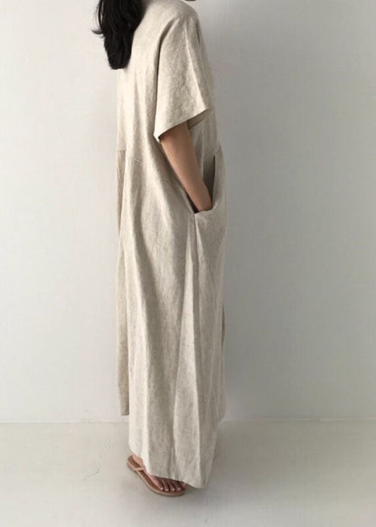 Beige Cozy Linen Holiday Dresses V Neck Pockets Summer LY1329 - fabuloryshop