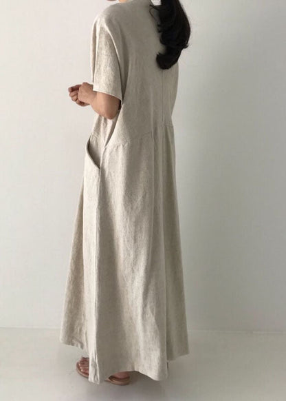 Beige Cozy Linen Holiday Dresses V Neck Pockets Summer LY1329 - fabuloryshop