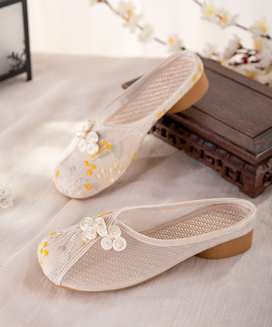 Beige Embroideried Slide Sandals Women Tulle Boho Splicing LY7625