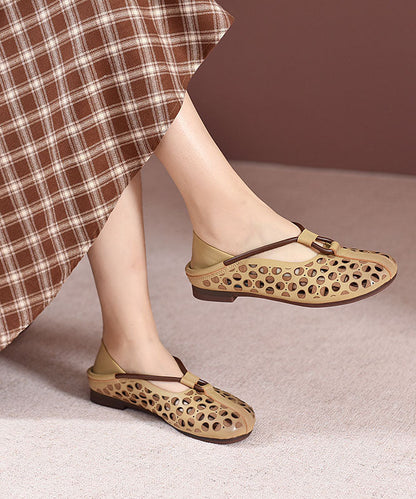 Beige Flat Feet Shoes Cowhide Leather Fashion Hollow Out Flat Feet Shoes LC0539 - fabuloryshop