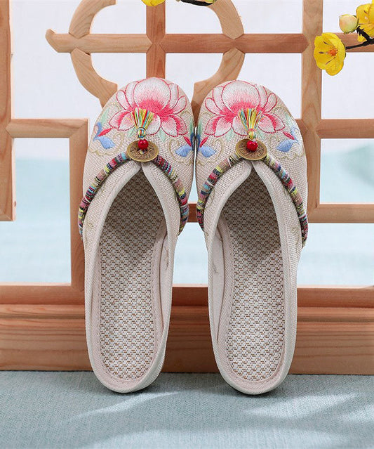 Beige Linen Tassel Embroidery Women Splicing Flat Slide Sandals LY7706 Ada Fashion