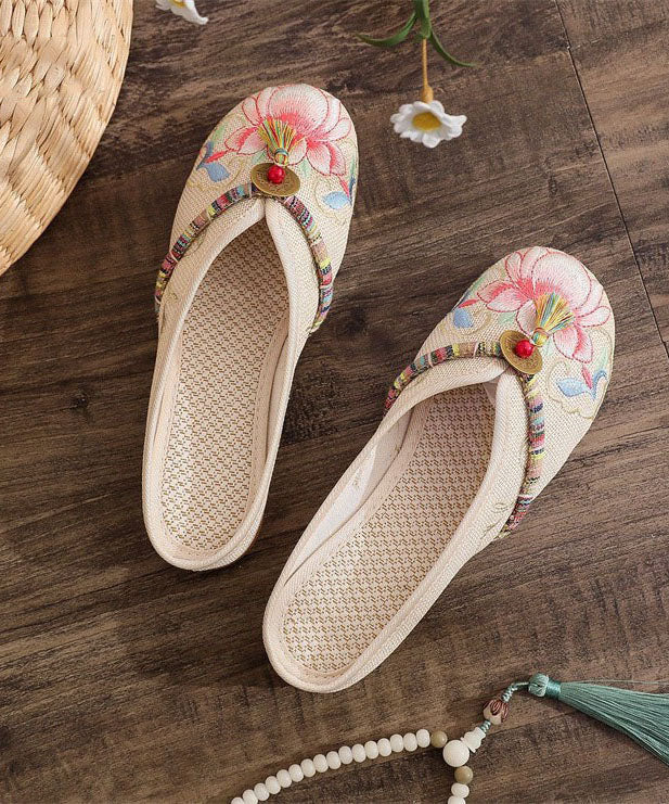 Beige Linen Tassel Embroidery Women Splicing Flat Slide Sandals LY7706 Ada Fashion