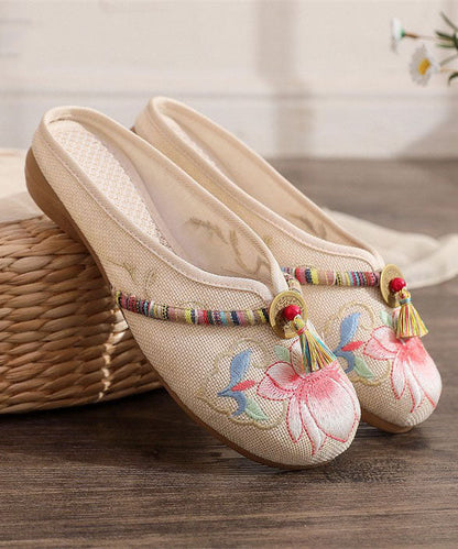 Beige Linen Tassel Embroidery Women Splicing Flat Slide Sandals LY7706 Ada Fashion